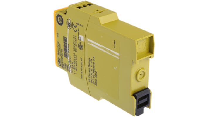 Pilz 774350, relè di sicurezza P2HZ X3, 24V cc, 2 canali, montaggio su binario DIN, larghezza 22,5mm, conforme EN60204-1.