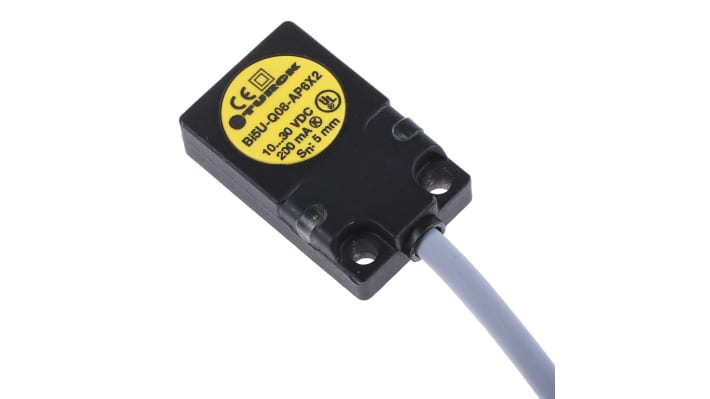 Sensore di prossimità PNP Turck BI5U-Q08-AP6X2, induttivo, 5 mm, IP67, montaggio a filo, dimensioni 32 x 20 x 8 mm.