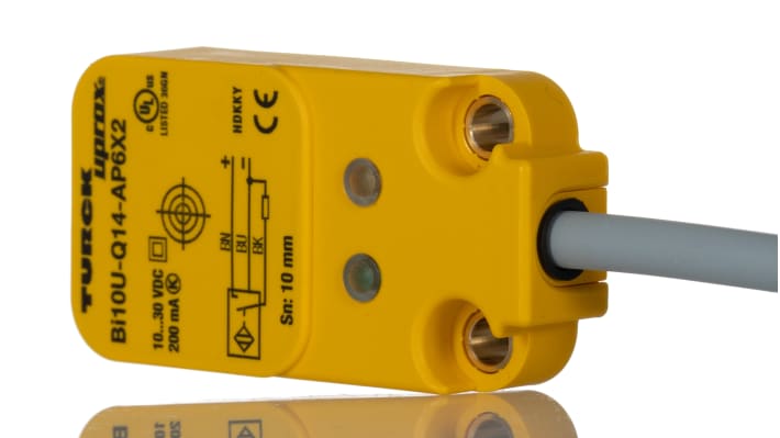Sensore di prossimità induttivo PNP Turck BI10U-Q14-AP6X2, rilevamento 10 mm, grado di protezione IP67, dimensioni 55.5x30x14 mm.