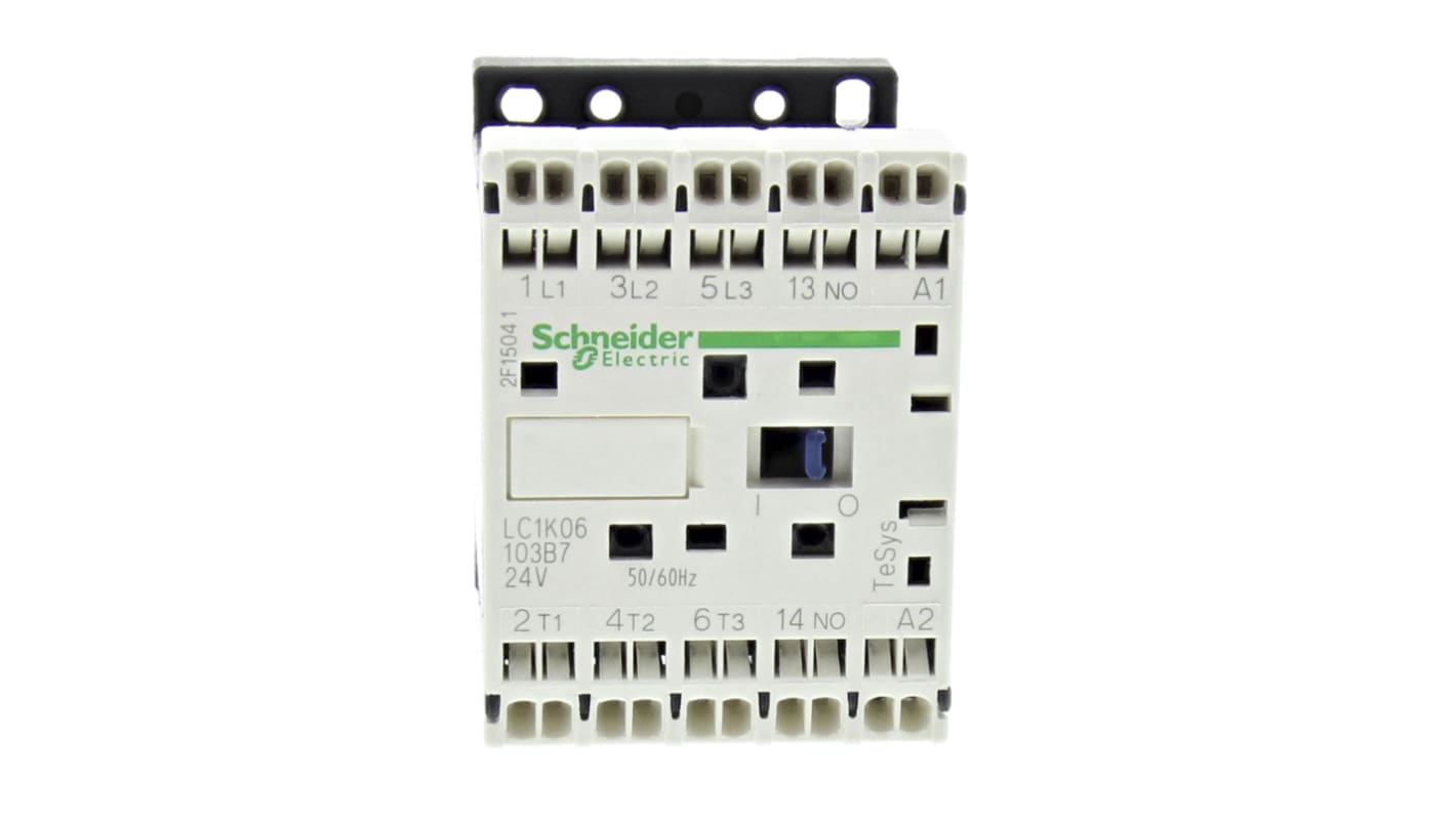 Contattore tripolare Schneider Electric LC1K06103B7, 3 poli, 3 contatti NA, montaggio su guida DIN, dimensioni 58x45x57 mm.