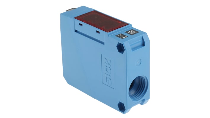 Sensore fotoelettrico rettangolare Sick WT260-F270, rilevamento da 5 mm a 1,5 m, montaggio a pannello, grado di protezione IP67.