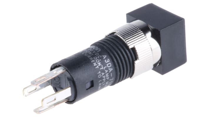 Interruttore a pulsante luminoso Omron A3DA-7111, montaggio a pannello, diametro foratura 8 mm, corrente 100 mA a 30 V cc.