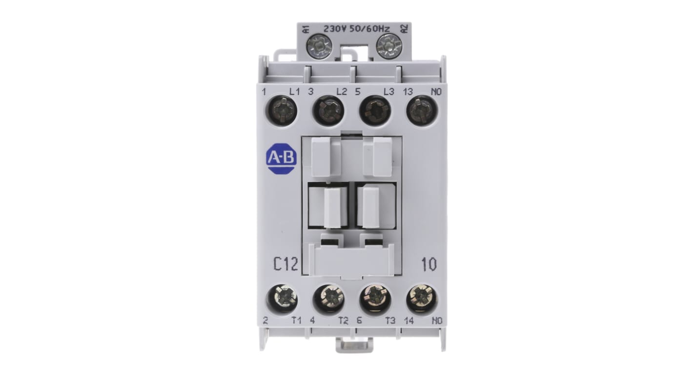 Contattore Allen Bradley 100-C12KF10, 3 poli, 5,5 kW, 12 A, 230V c.a. per il controllo di motori industriali. Alta efficienza e affidabilità.