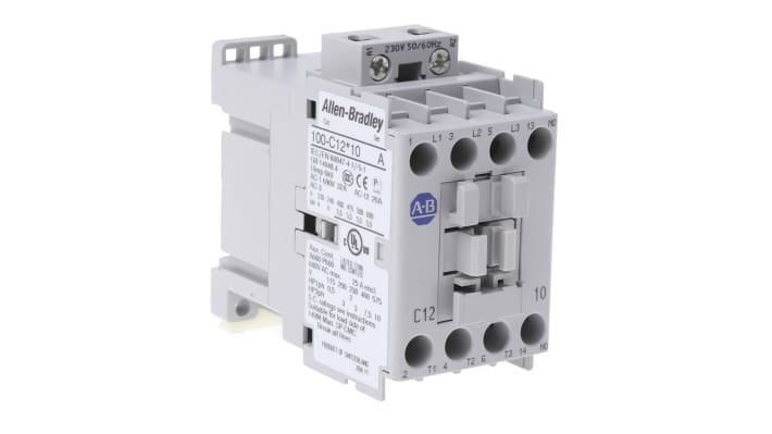 Contattore Allen Bradley 100-C12KF10, 3 poli, 5,5 kW, 12 A, 230V c.a. per il controllo di motori industriali. Alta efficienza e affidabilità.