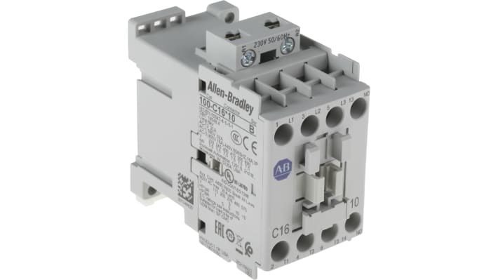 Contattore Allen Bradley 100-C16KF10, 3 poli, 16 A, 230 V c.a., 1 contatto ausiliario NA, dimensioni 45x81x86,5 mm.