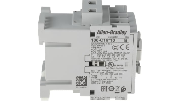 Contattore Allen Bradley 100-C16KF10, 3 poli, 16 A, 230 V c.a., 1 contatto ausiliario NA, dimensioni 45x81x86,5 mm.