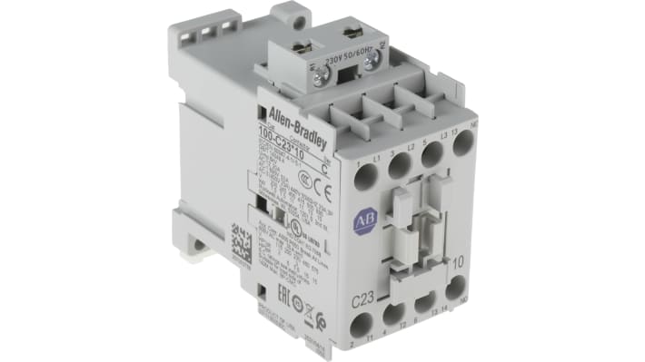 Contattore Allen Bradley 100-C23KF10, 3 poli, 23A, 11 kW, 230V c.a. per motori e illuminazione. Alta affidabilità e conformità RoHS.