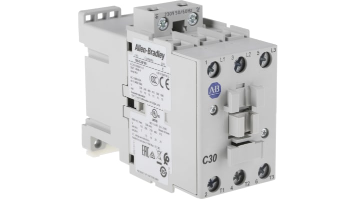 Contattore Allen Bradley 100-C30KF00, 3 poli, 30 A, 230 V c.a., dimensioni 81x45x86.5 mm, grado di protezione IP2X.