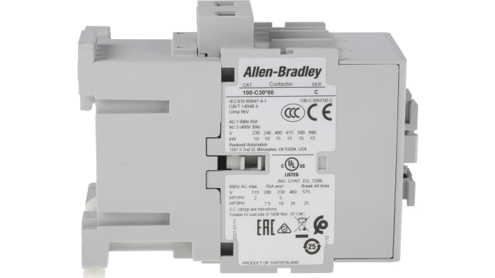 Contattore Allen Bradley 100-C30KF00, 3 poli, 30 A, 230 V c.a., dimensioni 81x45x86.5 mm, grado di protezione IP2X.