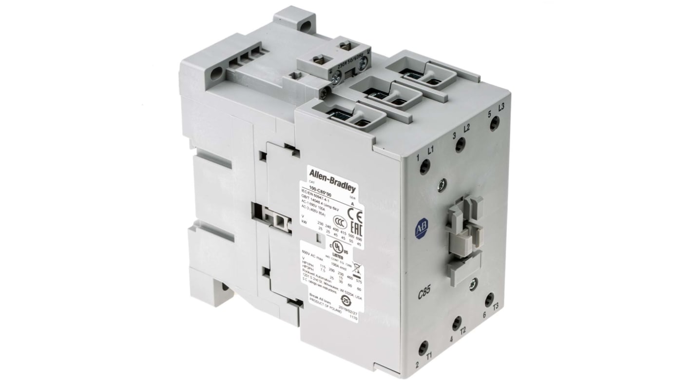 Contattore Allen Bradley 100-C85KF00, 3 poli, 85A, 45kW, 230V c.a. Serie 100-C per motori moderni. Affidabile e conforme a standard internazionali.