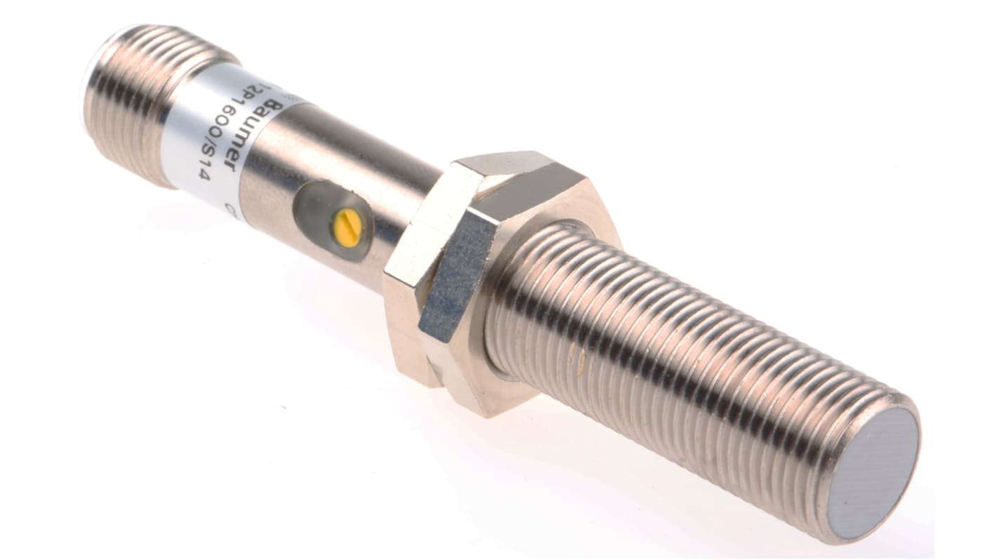 Sensore di prossimità cilindrico PNP Baumer CFAM 12P1600/S14, rilevamento a 4 mm, connettore M12, grado di protezione IP65.