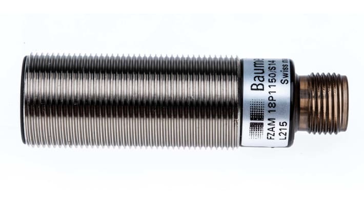 Sensore fotoelettrico cilindrico Baumer FZAM 18P1150/S14, rilevamento 60-430 mm, uscita PNP, grado di protezione IP65.