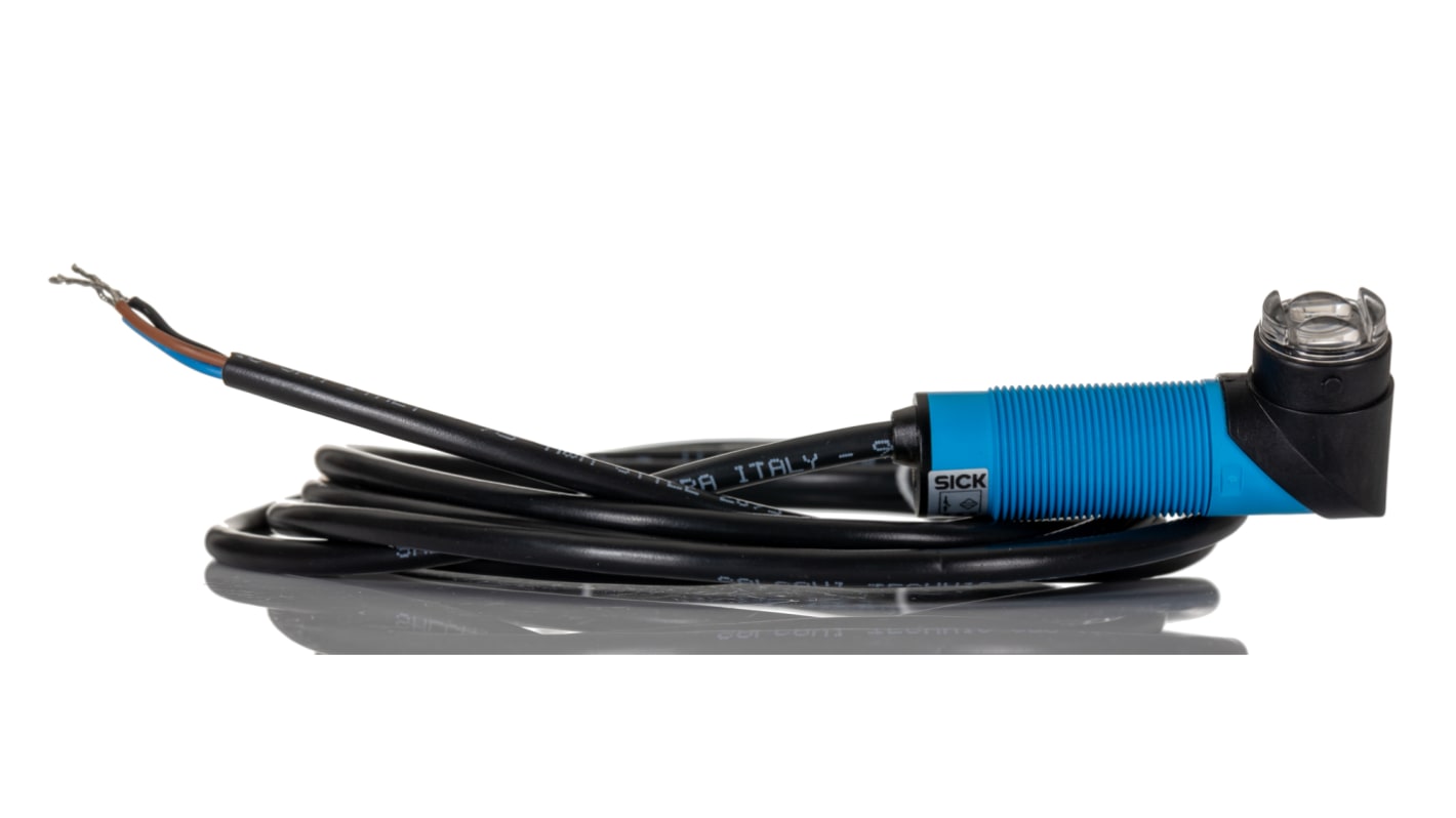 Sensore fotoelettrico cilindrico a retroriflessione Sick VL18-3P3812, rilevamento 50 mm a 3,7 m, montaggio filettato, IP67.