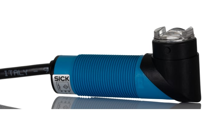 Sensore fotoelettrico cilindrico a retroriflessione Sick VL18-3P3812, rilevamento 50 mm a 3,7 m, montaggio filettato, IP67.