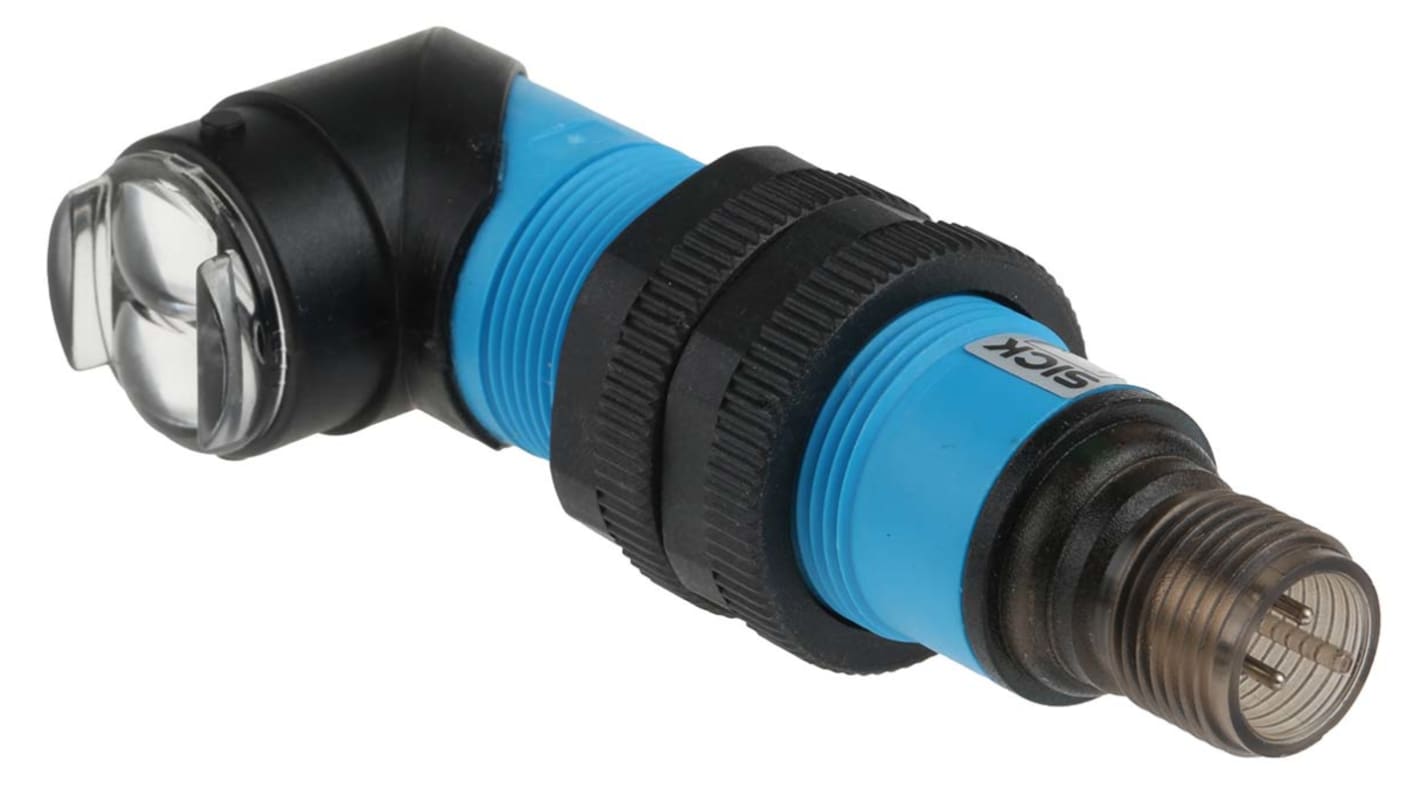 Sensore fotoelettrico cilindrico Sick VL18-3P3840 a retroriflessione, rilevamento 5 mm-3,7 m, montaggio filettato, IP67.