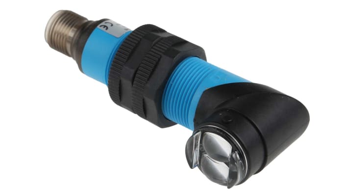 Sensore fotoelettrico cilindrico Sick VL18-3P3840 a retroriflessione, rilevamento 5 mm-3,7 m, montaggio filettato, IP67.