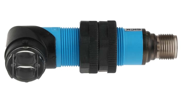 Sensore fotoelettrico cilindrico Sick VL18-3P3840 a retroriflessione, rilevamento 5 mm-3,7 m, montaggio filettato, IP67.