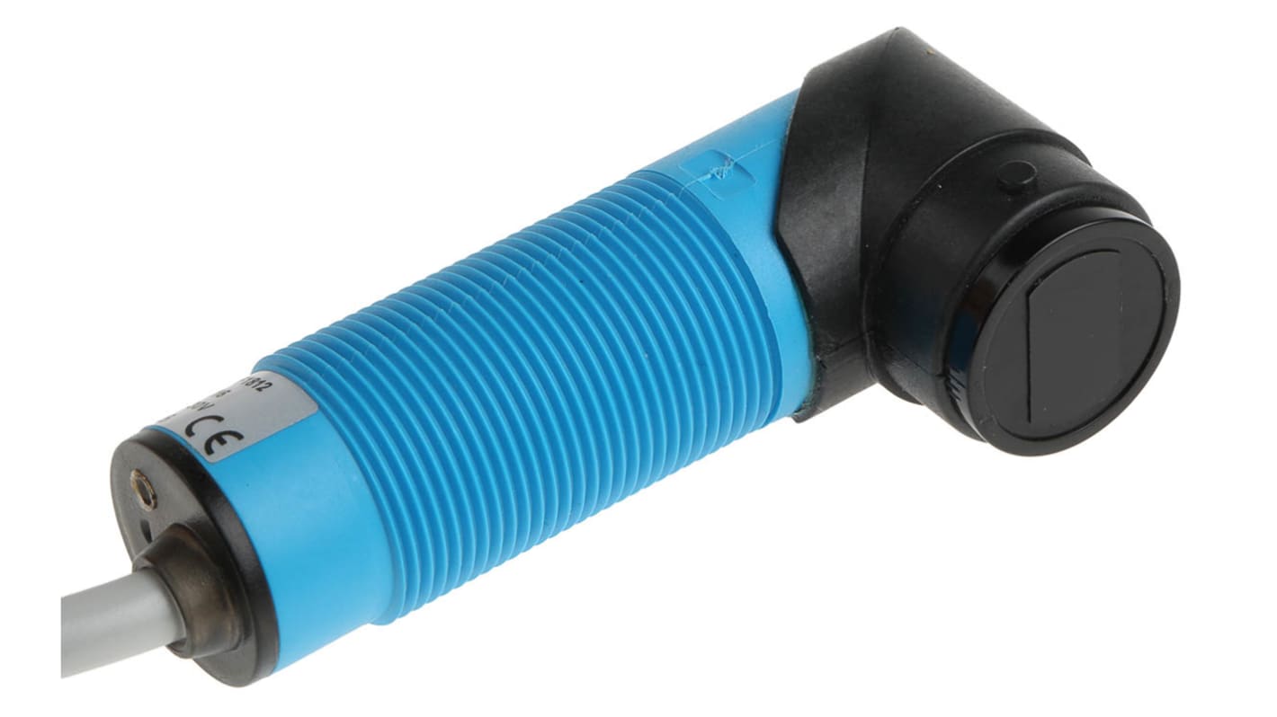 Sensore fotoelettrico cilindrico Sick VTF18-3F1812, rilevamento fino a 100 mm, montaggio filettato, grado di protezione IP67.