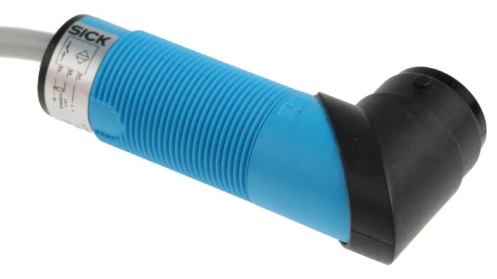 Sensore fotoelettrico cilindrico Sick VTF18-3F1812, rilevamento fino a 100 mm, montaggio filettato, grado di protezione IP67.