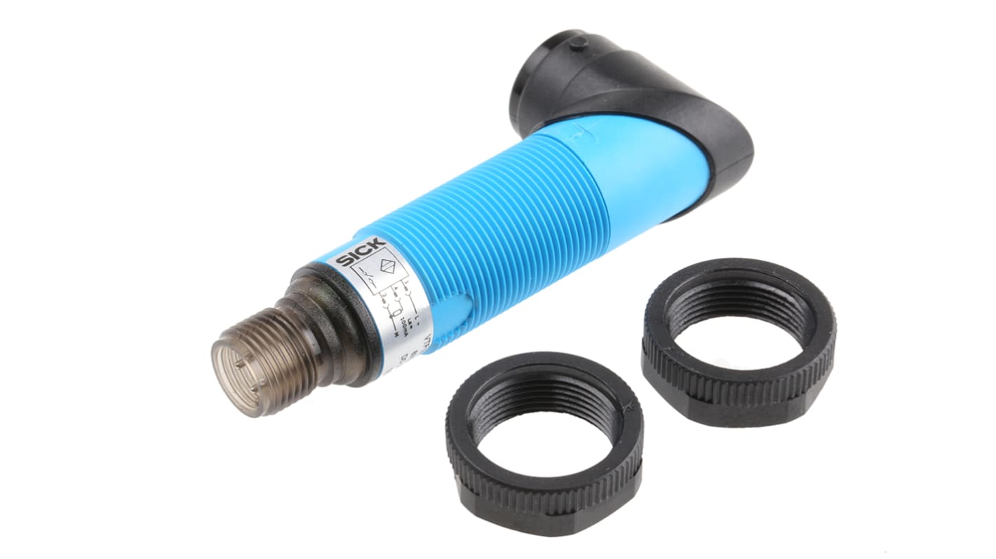 Sensore fotoelettrico cilindrico Sick VTF18-3F1840, rilevamento fino a 100 mm, montaggio filettato, grado di protezione IP67.