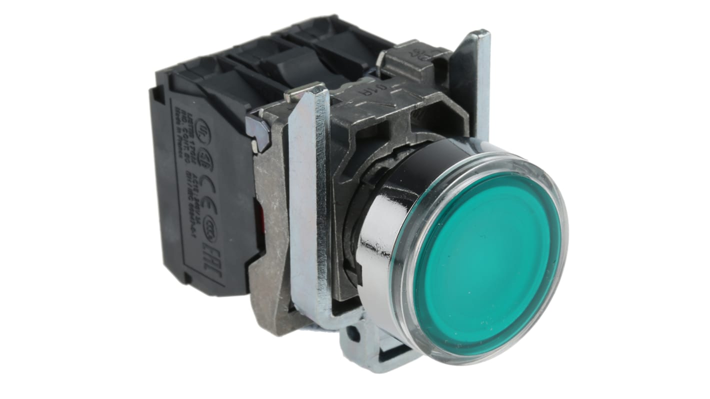 Pulsante luminoso verde Schneider Electric XB4BW33B5 per ambienti automatizzati - Serie Harmony XB4. Resiste a vibrazioni e lavaggi frequenti.