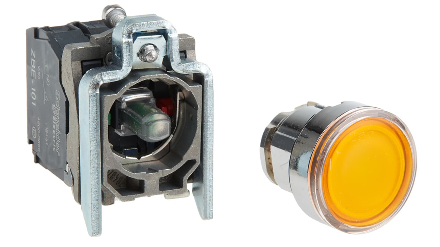 Pulsante luminoso arancione Schneider Electric XB4BW35B5, SPDT, 24V CA/CC, IP66/IP67/IP69K - Harmony XB4 per ambienti industriali.