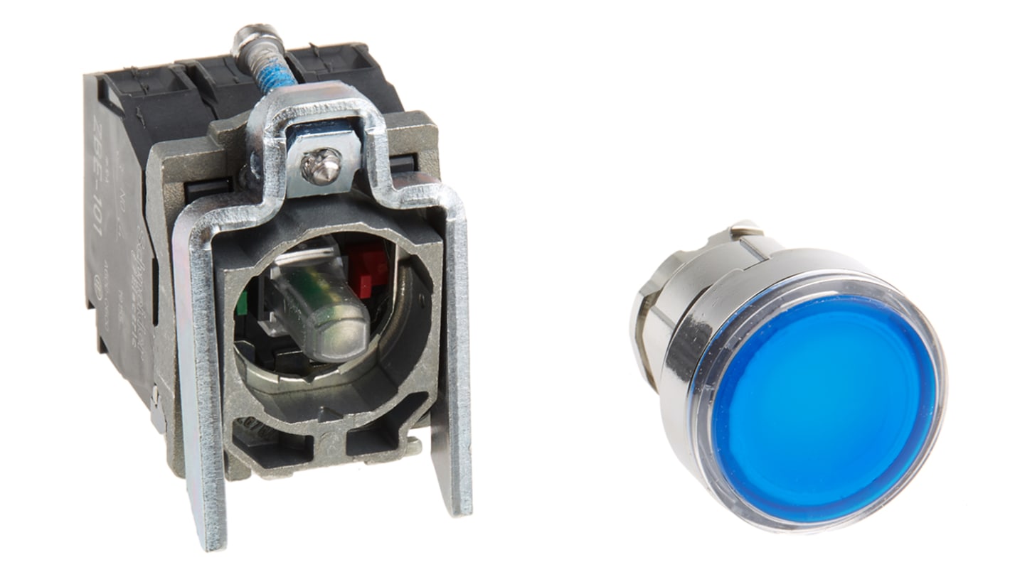 Pulsante luminoso blu IP69K 24V - Schneider Electric XB4BW36B5, Serie Harmony XB4. Resistente alle vibrazioni, ideale per ambienti industriali.