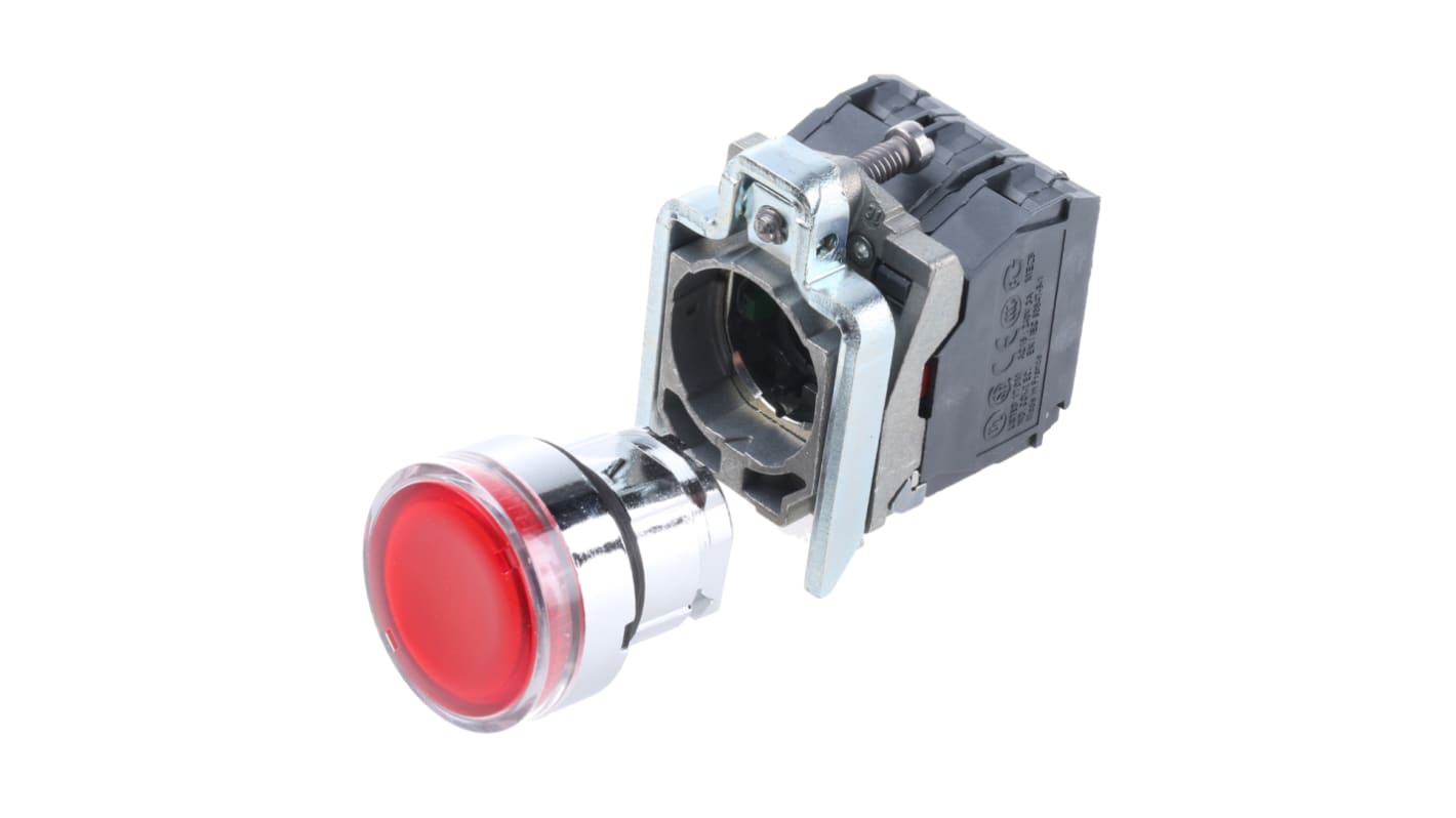 Pulsante SPDT luminoso rosso Schneider Electric, montaggio a pannello, IP66/IP67/IP69K, diametro foratura 22 mm, codice XB4BW3465.