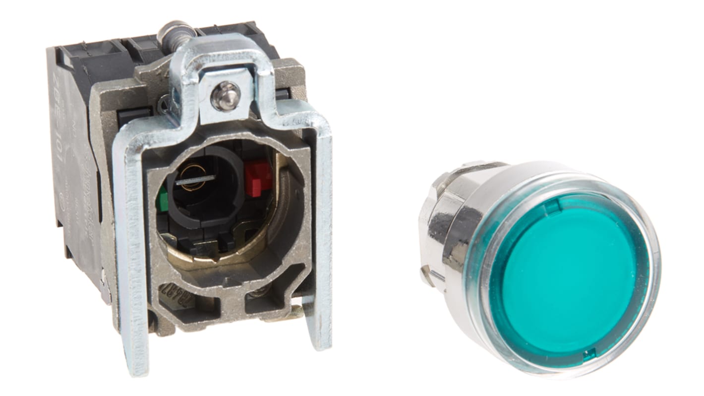 Pulsante illuminato Schneider Electric XB4BW3365, montaggio a pannello, diametro 22mm, contatto SPDT, colore verde, IP66.