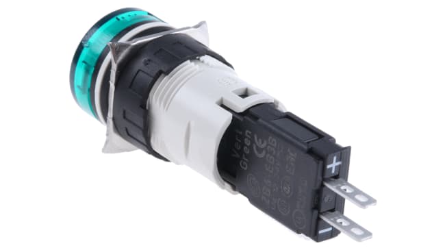 Spia LED per pulsanti Schneider Electric XB6AV3BB, 16mm, montaggio a pannello, IP65, verde, 24V ca/cc. Ideale per applicazioni tecniche.
