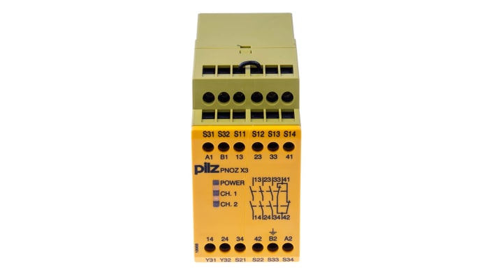 Pilz 774315, relè di sicurezza a 2 canali, 24 V dc, montaggio su guida DIN, dimensioni 121x45x87 mm, conforme a EN 60204-1.
