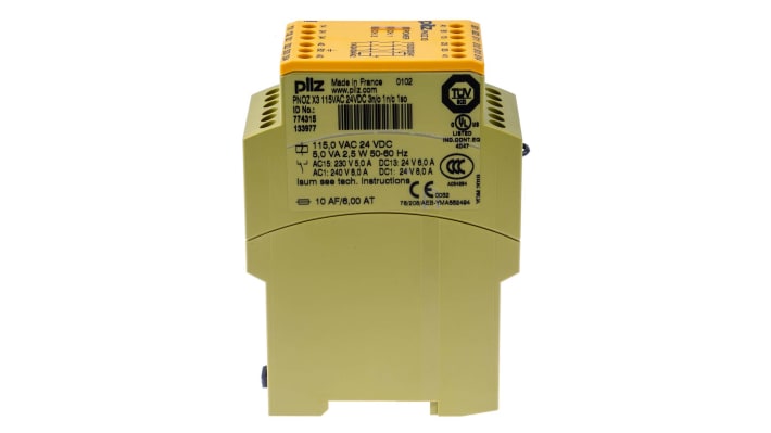 Pilz 774315, relè di sicurezza a 2 canali, 24 V dc, montaggio su guida DIN, dimensioni 121x45x87 mm, conforme a EN 60204-1.