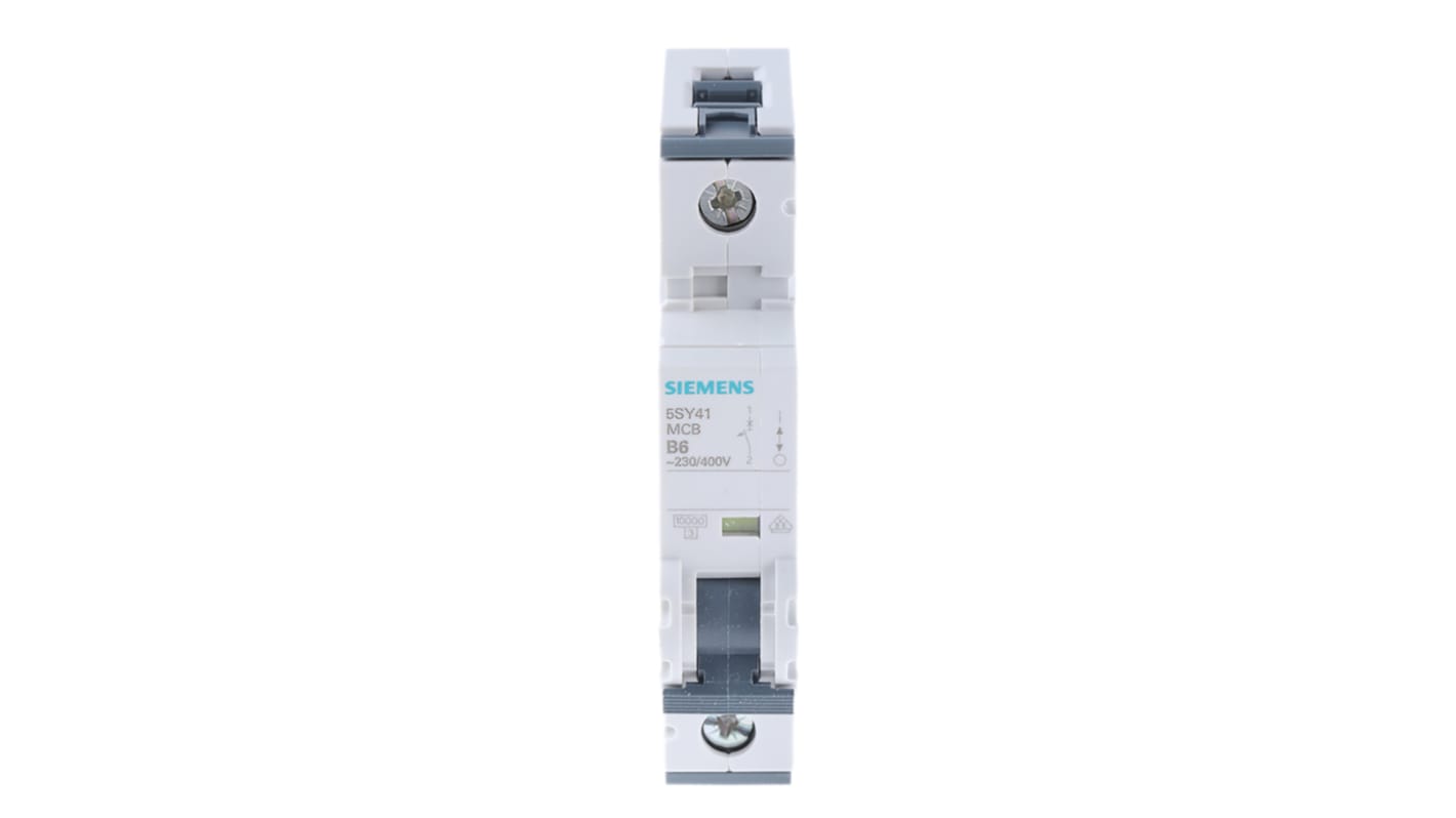 Interruttore automatico miniaturizzato Siemens 5SY4106-6, 1P 6A 10 kA, Tipo C. Ideale per impianti elettrici con standard EN 60898.