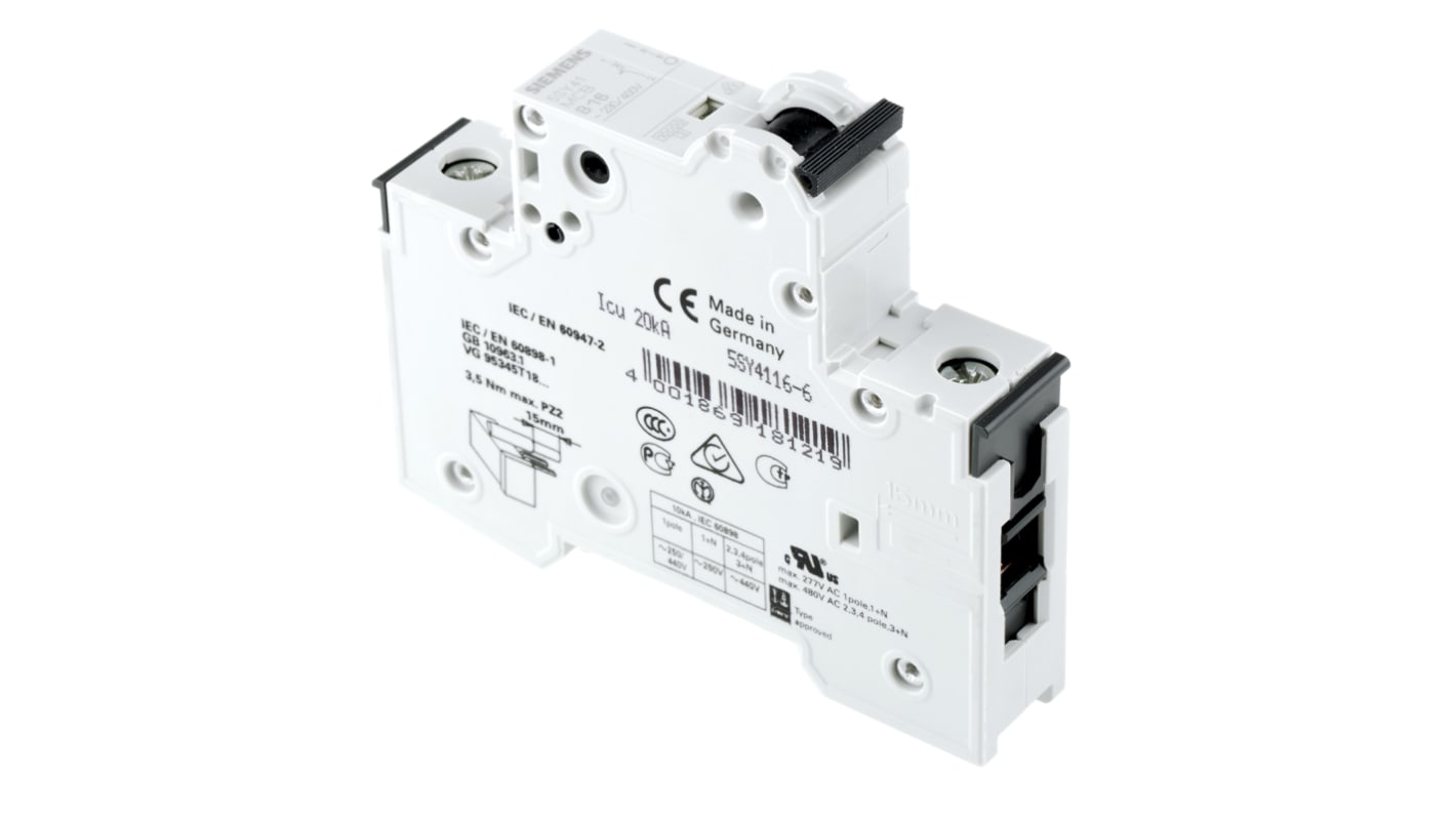 Interruttore automatico miniaturizzato Siemens 5SY4116-6, 1P 16A 10 kA, Tipo C. Affidabile e conforme agli standard EN 60898. Ideale per impianti elettrici.