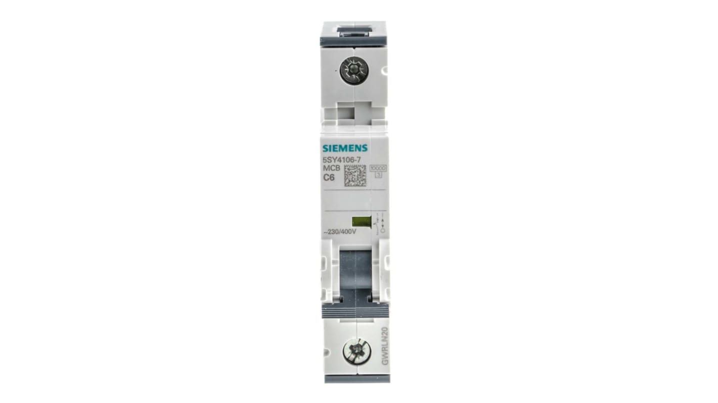 Interruttore automatico miniaturizzato Siemens 5SY4106-7, Tipo C 6A 10 kA. Protezione da cortocircuiti e sovracorrenti per macchinari industriali. Con scatto per picchi di corrente e montaggio rapido senza viti.