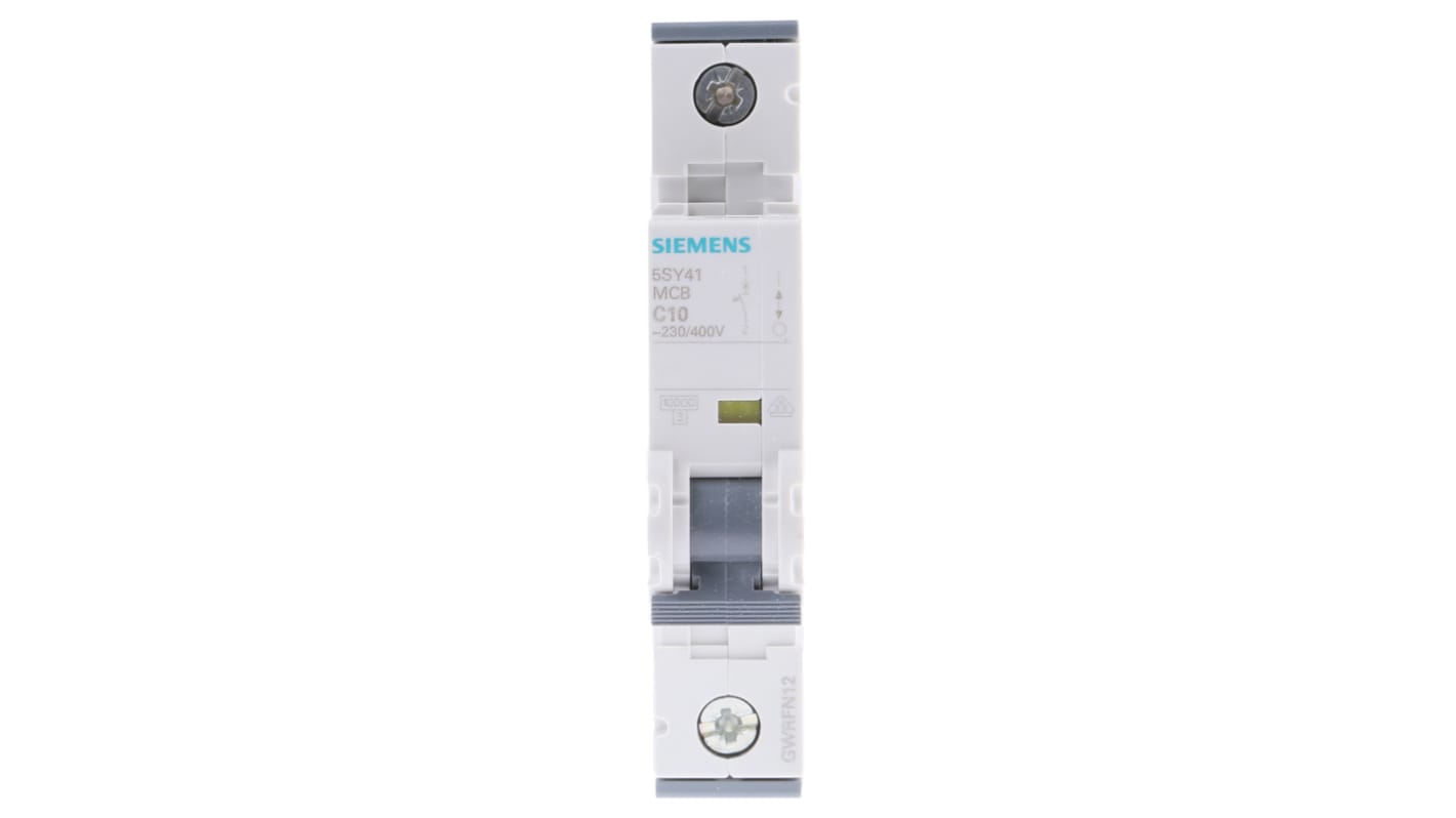 Interruttore magnetotermico Siemens 1P 10A 10 kA, Tipo C (5SY4110-7) per protezione da sovraccarichi e cortocircuiti. Affidabile, riutilizzabile e adatto a ambienti industriali.