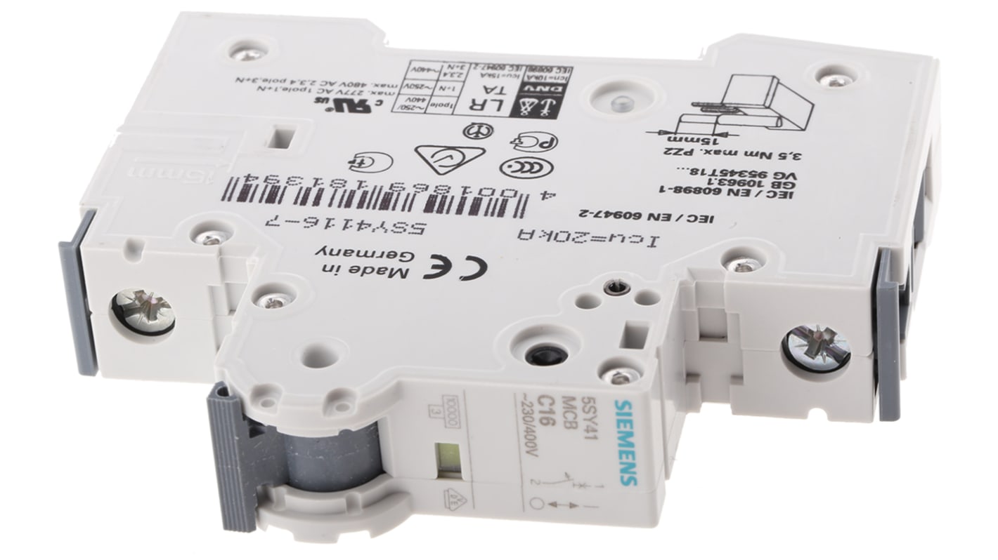 Interruttore magnetotermico Siemens 5SY4116-7, Tipo C, 1P 16A 10 kA. Conforme agli standard EN 60898, ideale per la protezione elettrica.