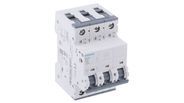 Interruttore magnetotermico Siemens 3P Tipo C, 16A, 10 kA, montaggio su guida DIN, dimensioni 90 x 54 x 76 mm.