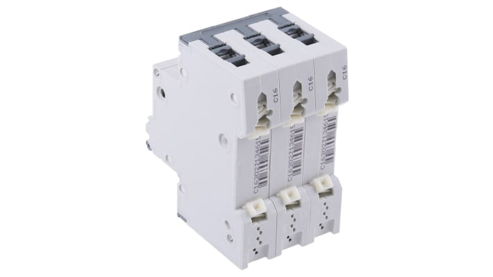 Interruttore magnetotermico Siemens 3P Tipo C, 16A, 10 kA, montaggio su guida DIN, dimensioni 90 x 54 x 76 mm.