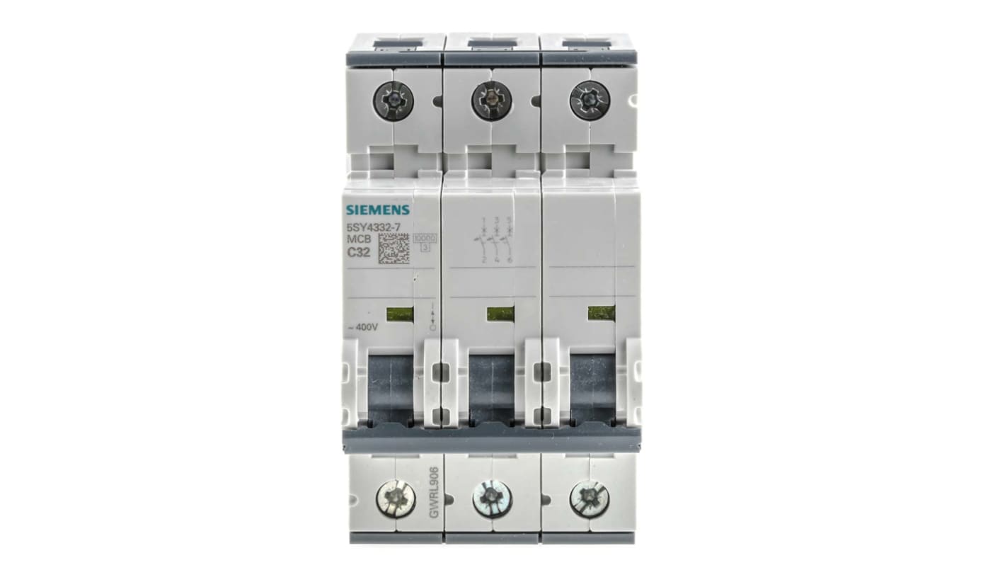 Interruttore magnetotermico Siemens 5SY4332-7, 3P 32A 10 kA Tipo C per impianti industriali. Standard EN 60898.