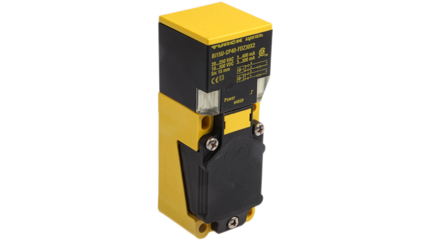 Sensore di prossimità Turck BI15U-CP40-FDZ30X2, induttivo, rilevamento 15 mm, IP68, dimensioni 114 x 40 x 40 mm.