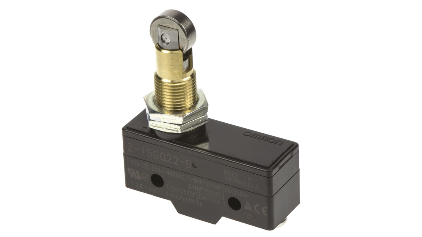 Interruttore di fine corsa Omron Z-15GQ22B, attuatore stantuffo SPDT, contatti NO/NC, dimensioni 58.9mm x 49.2mm x 17.45mm.