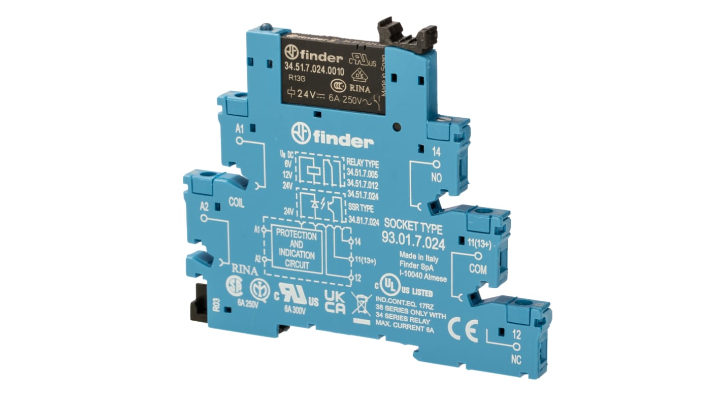 Finder 38.51.7.024.0050, relè d'interfaccia per guida DIN, bobina 24V cc, contatti SPDT, dimensioni 6.2 x 75.6 x 87.9 mm.