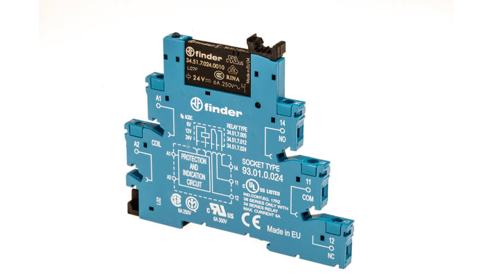 Finder 38.51.0.024.0060, modulo relè d'interfaccia per guida DIN, 24V, contatti SPDT, dimensioni 6.2 x 75.6 x 87.9mm.
