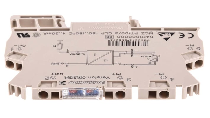 Condizionatore di segnale Weidmüller ACT20X, montaggio su guida DIN, trasduttore PT100, uscita 4-20 mA, dimensioni 91 x 63,2 x 6 mm.