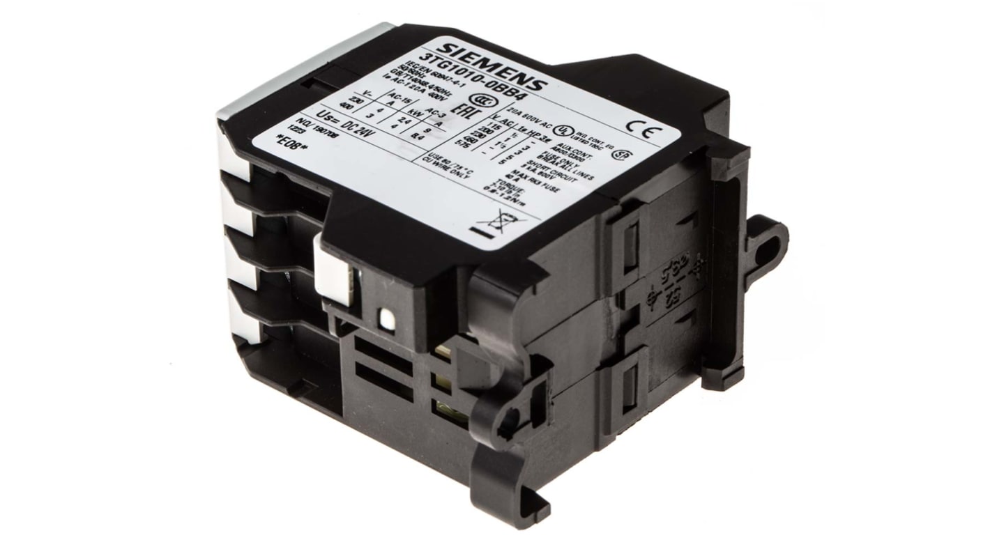 Contattore Siemens 3TG1010-0BB4, 4NO 20A 24V c.c. per applicazioni industriali e residenziali. Potenza di commutazione 13kW.