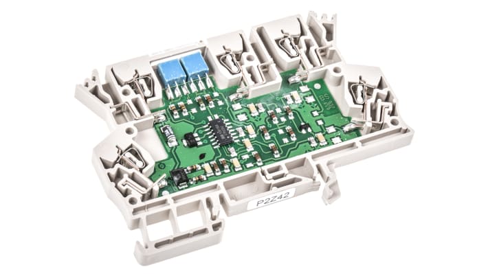 Condizionatore di segnale Weidmüller ACT20X, compatibile con sensori PT100, montaggio su guida DIN, larghezza 6 mm.