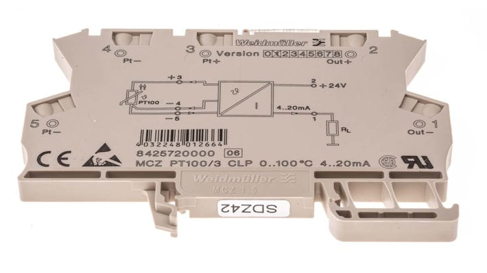 Condizionatore di segnale Weidmüller ACT20X, trasduttore PT100, montaggio su guida DIN, uscita 4-20mA, larghezza 6mm.