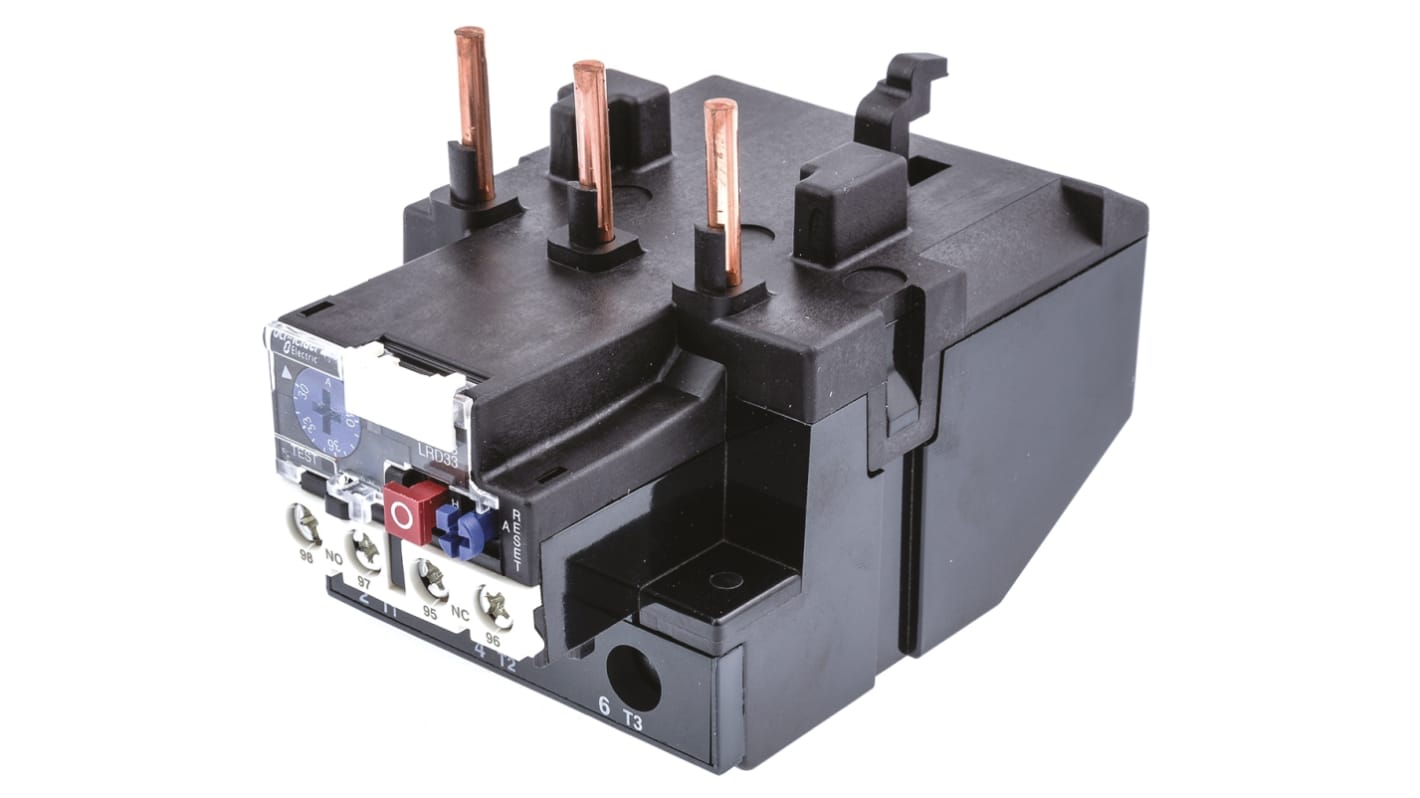 Relè di sovraccarico termico tripolare Schneider Electric LRD3355, FLC 30-40 A, contatti 1 NO + 1 NC, regolabile. Ideale per proteggere circuiti c.a. contro sovraccarichi e guasti di fase.