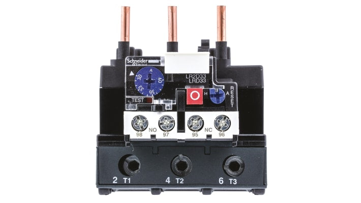 Relè di sovraccarico termico tripolare Schneider Electric LRD3355, FLC 30-40 A, contatti 1 NO + 1 NC, regolabile. Ideale per proteggere circuiti c.a. contro sovraccarichi e guasti di fase.